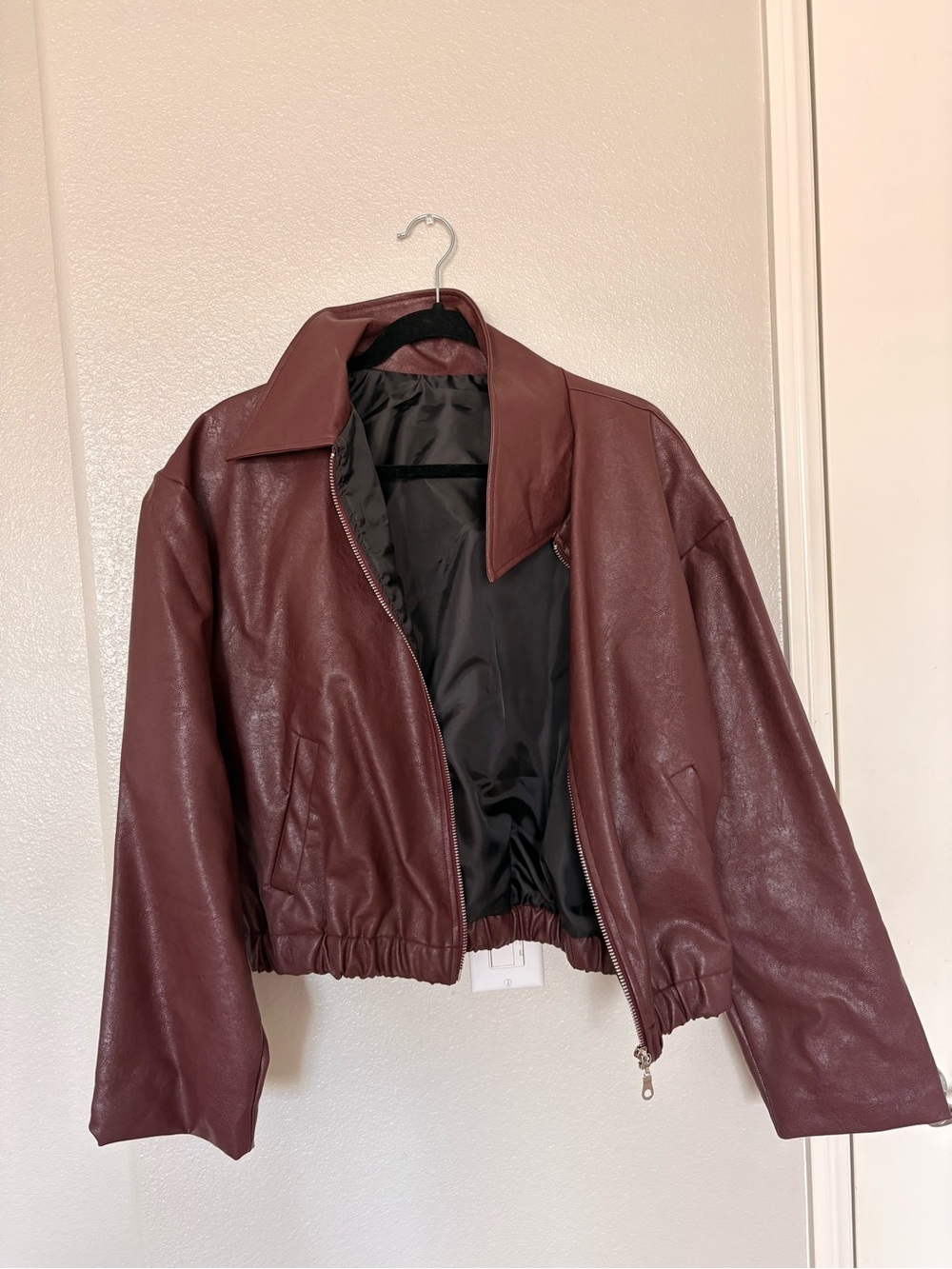 Women's Burgundy Faux Leather Bomber Jacket